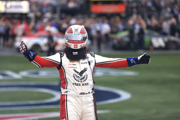 CHARLOTTE, NC - OCTOBER 11: Chase Briscoe ( 19 Joe Gibbs Racing Freebird Spring Water Toyota) celebrates after winning the NASCAR, Motorsport, USA Cup Series Playoffs Bank of America 400 race on October 11, 2026 at Charlotte Motor Speedway in Charlotte, NC. (Photo by Jeff Robinson Icon Sportswire) AUTO: OCT 11 NASCAR Cup Series Playoffs Bank of America 400 EDITORIAL USE ONLY Icon261011729400