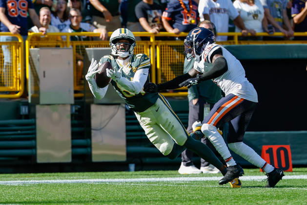 Oct 11, 2026; Green Bay, WI, USA; Green Bay Packers wide receiver Matthew Golden (0) makes a catch that was called back due to offensive pass interference during NFL, American Football Herren, USA game action against the Chicago Bears at Lambeau Field. Mandatory Credit: -Cal Media NFL 2026: Bears Vs Packers OCT 11  - ZUMAc04_ 20261011_zma_c04_253 Copyright: xDarrenxLeex