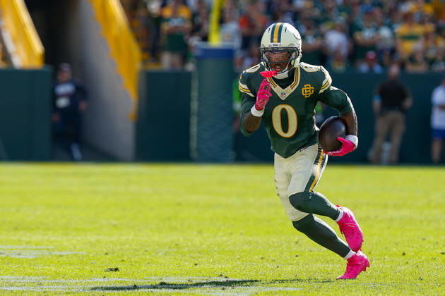 Oct 11, 2026; Green Bay, WI, USA; Green Bay Packers wide receiver Matthew Golden (0) runs after making a catch during NFL, American Football Herren, USA game action against the Chicago Bears at Lambeau Field. Mandatory Credit: -Cal Media Green Bay USA - ZUMAc04_ 20261011_zma_c04_254 Copyright: xDarrenxLeex