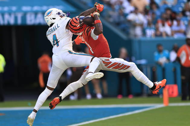 October 11, 2026, Miami Gardens, Florida, United States: Cincinnati Bengals wide receiver Ja marr Chase (1) makes a reception for a touchdown while covered by Miami Dolphins cornerback Jason Marshall Jr. during an NFL, American Football Herren, USA game on Sunday, October 11, 2026 at the Hard Rock Stadium. The Bengals beat the Dolphins 31-24. Miami Gardens United States - ZUMAh180 20261011_zsp_h180_084 Copyright: xKimxHukarix