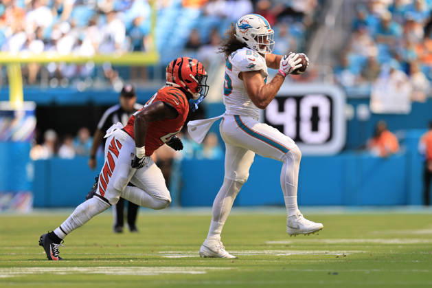 October 11, 2026, Miami Gardens, Florida, United States: Miami Dolphins tight end Greg Dulcich (85) makes a reception and turns to run with the ball while pursued by Cincinnati Bengals linebacker Barrett Carter (49) during an NFL, American Football Herren, USA game on Sunday, October 11, 2026 at the Hard Rock Stadium. The Bengals beat the Dolphins 31-24. Miami Gardens United States - ZUMAh180 20261011_zsp_h180_097 Copyright: xKimxHukarix