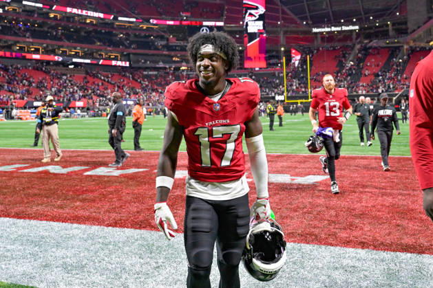 ATLANTA, GA - OCTOBER 11: Atlanta wide receiver Zachariah Branch (17) reacts following the conclusion of the NFL, American Football Herren, USA game between the Baltimore Ravens and the Atlanta Falcons on October 11th, 2026 at Mercedes-Benz Stadium in Atlanta, GA. (Photo by Rich von Biberstein Icon Sportswire) NFL: OCT 11 Ravens at Falcons EDITORIAL USE ONLY Icon261011018