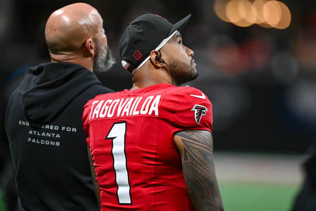 ATLANTA, GA - OCTOBER 11: Atlanta quarterback Tua Tagovailoa (1) reacts on the sideline during the NFL, American Football Herren, USA game between the Baltimore Ravens and the Atlanta Falcons on October 11th, 2026 at Mercedes-Benz Stadium in Atlanta, GA. (Photo by Rich von Biberstein Icon Sportswire) NFL: OCT 11 Ravens at Falcons EDITORIAL USE ONLY Icon261011022