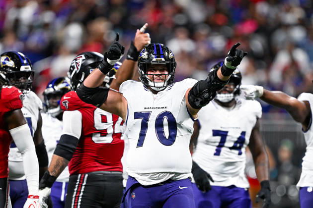 ATLANTA, GA - OCTOBER 11: Baltimore offensive tackle Roger Rosengarten (70) reacts during the NFL, American Football Herren, USA game between the Baltimore Ravens and the Atlanta Falcons on October 11th, 2026 at Mercedes-Benz Stadium in Atlanta, GA. (Photo by Rich von Biberstein Icon Sportswire) NFL: OCT 11 Ravens at Falcons EDITORIAL USE ONLY Icon261011032