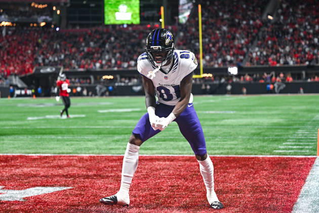 ATLANTA, GA - OCTOBER 11: Baltimore wide receiver Devontez Walker (81) reacts after catching a touchdown pass during the NFL, American Football Herren, USA game between the Baltimore Ravens and the Atlanta Falcons on October 11th, 2026 at Mercedes-Benz Stadium in Atlanta, GA. (Photo by Rich von Biberstein Icon Sportswire) NFL: OCT 11 Ravens at Falcons EDITORIAL USE ONLY Icon261011038