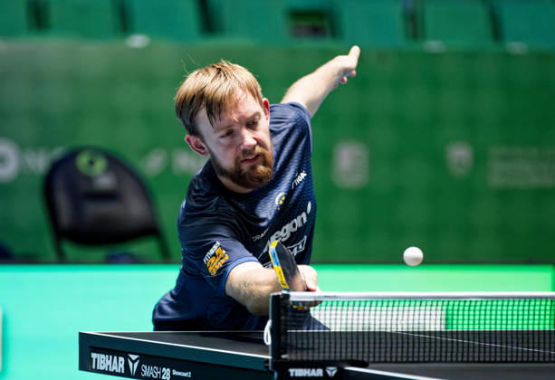 Elias Ranefur Sweden (foto-ms1474b) at the 2026 European Table tennis, Tischtennis Championships in Ljubljana LJUBLJANA, SLOVENIA - 12 OCTOBER 2026: Elias Ranefur Sweden (foto-ms1474b) in action at the European Table Tennis Championships in Stozice Arena, Ljubljana, Slovenia (Photo by Manfred Schillings) Ljubljana Stozice Arena Slovenia