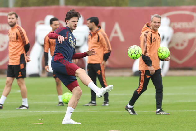 Arsenal Training & Media Conference, Champions League Declan Rice of Arsenal during the Arsenal training session at the Arsenal FC Training Centre, ahead of UEFA Champions League Matchday 2 v Lille, London Colney, England on 12 October 2026 Credit: Tiego Grenho Every Second Media Editorial use only. All images are copyright Every Second Media Limited. No images may be reproduced without prior permission. Copyright: xIMAGO EveryxSecondxMediax ESM-2214-0023 TiegoxGrenhox xEveryxSecondxMediax
