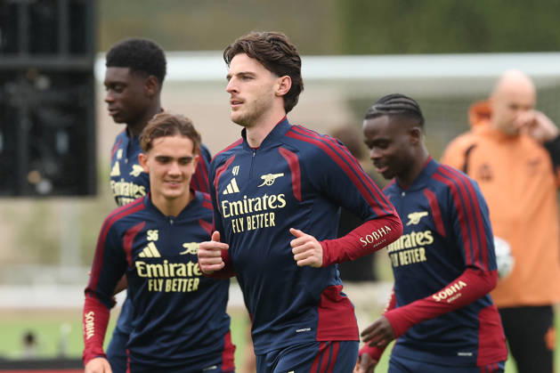 Arsenal Training & Media Conference, Champions League Declan Rice of Arsenal during the Arsenal training session at the Arsenal FC Training Centre, ahead of UEFA Champions League Matchday 2 v Lille, London Colney, England on 12 October 2026 Credit: Tiego Grenho Every Second Media Editorial use only. All images are copyright Every Second Media Limited. No images may be reproduced without prior permission. Copyright: xIMAGO EveryxSecondxMediax ESM-2214-0030 TiegoxGrenhox xEveryxSecondxMediax