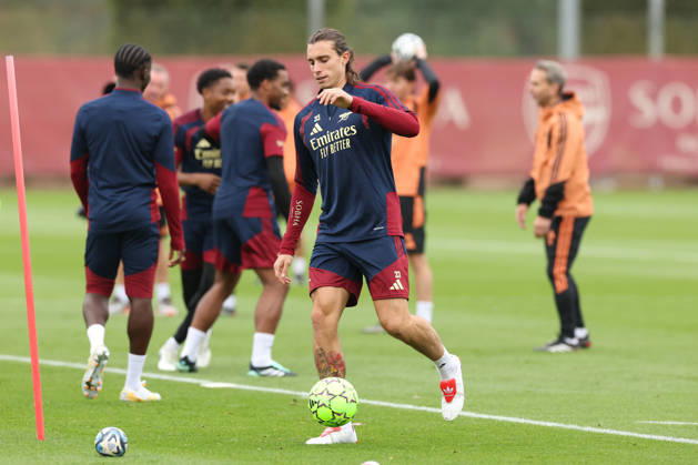 Arsenal Training & Media Conference, Champions League Riccardo Calafiori of Arsenal during the Arsenal training session at the Arsenal FC Training Centre, ahead of UEFA Champions League Matchday 2 v Lille, London Colney, England on 12 October 2026 Credit: Tiego Grenho Every Second Media Editorial use only. All images are copyright Every Second Media Limited. No images may be reproduced without prior permission. Copyright: xIMAGO EveryxSecondxMediax ESM-2214-0032 TiegoxGrenhox xEveryxSecondxMediax