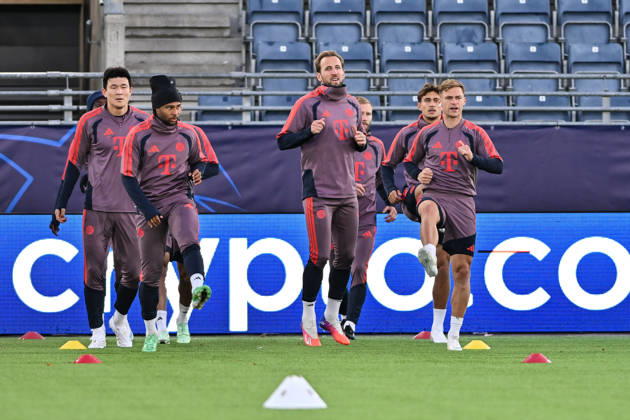 STAVANGER, NORWAY; 12. OCTOBER: picture of the Team from Munich at the final Trainings session before the Champions League Match between Viking FK vs. FC Bayern Munich at Matchday 2 at Lyse Arena Minjae KIM (FC Bayern Munich 3), Serge GNABRY (FC Bayern Munich 7), Harry KANE (FC Bayern Munich 9), Sascha BOEY (FC Bayern Munich 23), TOM BISCHOF (FC Bayern Munich 8), Harry KANE (FC Bayern Munich 9) Copyright: xBEAUTIFULxSPORTS Goldbergx