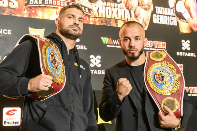 im Bild v.l.: Roman Fress, Armend Xhoxhaj, GER, Magdeburg, SES, Erste Pressekonferenz vor der SES-Box-Gala am Samstag, 14. November 2026, Messe Magdeburg, 13.10.2026, Copyright: HMBxMedia UwexKoch