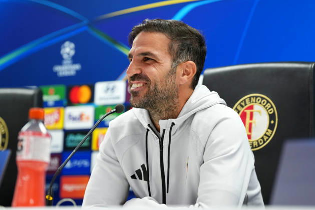 press conference, PK, Pressekonferenz Champions League Como 1907 2026 2027 Rotterdam - Coach Cesc Fabregas of Como 1907 shares a laugh during a press conference before the Champions League match against Feyenoord Rotterdam. The press conference is set at Stadion Feijenoord on 13 October 2026 in Rotterdam, Netherlands. (Hero Images Yannick Verhoeven) Copyright: xYannickxVerhoevenx