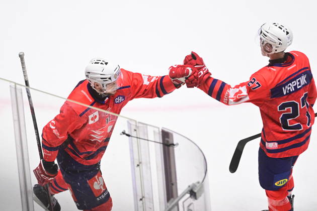 Ice hockey, Eishockey Champions League match: HC Dynamo Pardubice vs Vaxjo Lakers Hockey Club in Pardubice, Czech Republic, October 13, 2026. From left Jachym Kondelik, Teodor Vapenik, both of Pardubice celebrate goal. (CTKxPhoto JosefxVostarek) CTKPhotoP2026101307651  CTKPhotoP2026101307651