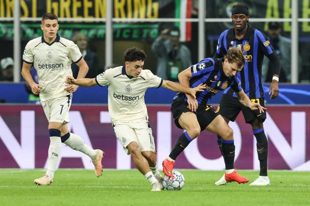 Club s Jan Virgili and Inter s Nicolo Barella fight for the ball during a soccer game between Italian Inter Milan and Belgian Club Brugge KV, Tuesday 13 October 2026 in Milan, Italy, on day 2 of the UEFA Champions League league phase. BRUNOxFAHY  x189710090x