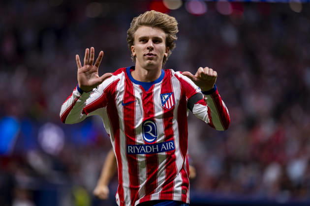 Atletico de Madrid v Manchester United, ManU - UEFA Champions League 2026 27 League Phase MD2 MADRID, SPAIN - OCTOBER 13: Pablo Barrios of Atletico de Madrid celebrates his goal during the UEFA Champions League 2026 27 League Phase MD2 match between Atletico de Madrid and Manchester United at Estadio Riyadh Air Metropolitano on October 13, 2026 in Madrid, Spain. Madrid Estadio Riyadh Air Metropolitano Madrid Spain Copyright: xAlbertoxGardinx AGardin_20261013_Atl_Mad_Man_0200