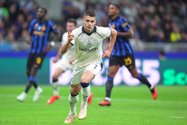 Brugge s Nicolo Tresoldi celebrates after scoring 0-1 during the Uefa Champions League soccer match between Inter and Club Brugge at San Siro Stadium in Milan , Italy - October 13 , 2026. - Soccer  Copyright: xSpada LaPressex