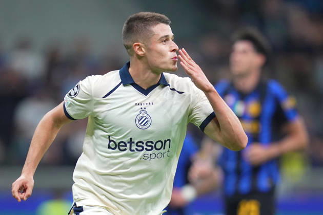 Brugge s Nicolo Tresoldi celebrates after scoring 0-1 during the Uefa Champions League soccer match between Inter and Club Brugge at San Siro Stadium in Milan , Italy - October 13 , 2026. - Soccer  Copyright: xSpada LaPressex