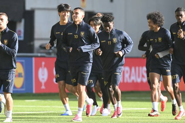 STVV s players pictured in action during a training session of Belgian soccer team Sint-Truidense VV, Wednesday 14 October 2026 in Sint-Truiden. The team is preparing for the opening match of the UEFA Conference League league phase against Georgian FC Iberia 1999 Tbilisi tomorrow. JILLxDELSAUX  x189775278x