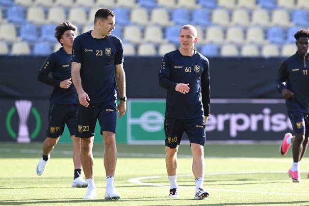 STVV s Joedrick Pupe and STVV s Robert-Jan Vanwesemael pictured during a training session of Belgian soccer team Sint-Truidense VV, Wednesday 14 October 2026 in Sint-Truiden. The team is preparing for the opening match of the UEFA Conference League league phase against Georgian FC Iberia 1999 Tbilisi tomorrow. JILLxDELSAUX  x189775296x