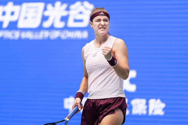 2026 WTA, Tennis Damen Wuhan Open: Karolina Muchova - Caty McNally in China - 14 Oct. Karolina Muchova of Czechia celebrates her win against Caty McNally of USA (Not in view) during their women s singles match on day 3 of Wuhan Open at the Optics Valley International Tennis Center. Karolina Muchova defeated Caty McNally with a score of 3-6, 7-6, 7-6. Wuhan China Copyright: xRenxYongx xSOPAxImagesx DSC00966