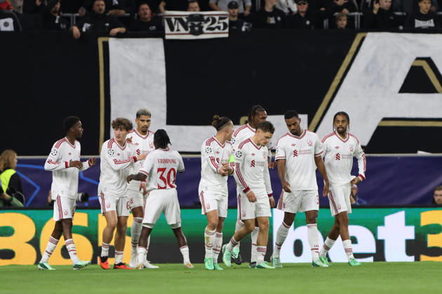 LINZ, AUSTRIA - OCTOBER 14: team Liverpool celebrates the goal to 0:1 during the UEFA Champions League league phase matchday 2 match between LASK and Liverpool at Oberoesterreich Arena on October 14, 2026 in Linz, Austria. (Photo by Severin Aichbauer Sports Press Photo SPP) Copyright: xSeverinxAichbauer SPPx Sportspressphoto_SPR255662