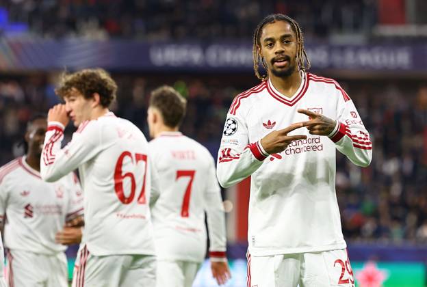 Bradley Barcola of Liverpool celebrates scoring their sides second goal LASK v Liverpool, UEFA Champions League, Football, Raiffeisen Arena, Linz, Austria - 14 Oct 2026Linz Raiffeisen Arena Austria  Copyright: xMichaelxZemanek Shutterstockx 17215434an