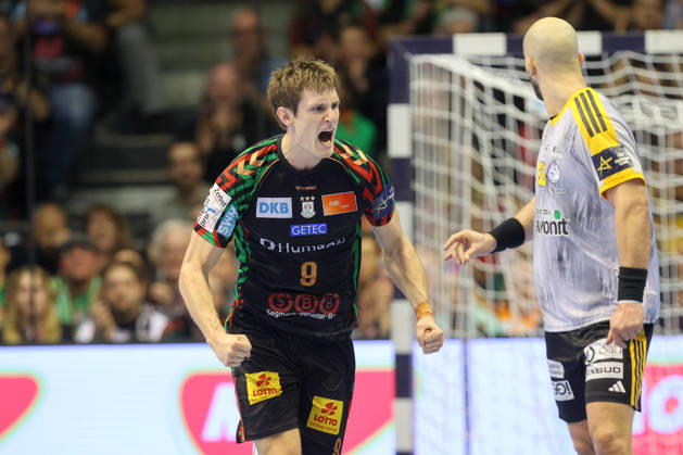 14.10.2026, xtgx, Handball Champions Legaue, SC Magdeburg - Industria Kielce emspor, v.l. Oskar Vind Rasmussen (Magdeburg, 9) Jubel, Torjubel, jubelt ueber das Tor, celebrate the goal, celebration Magdeburg