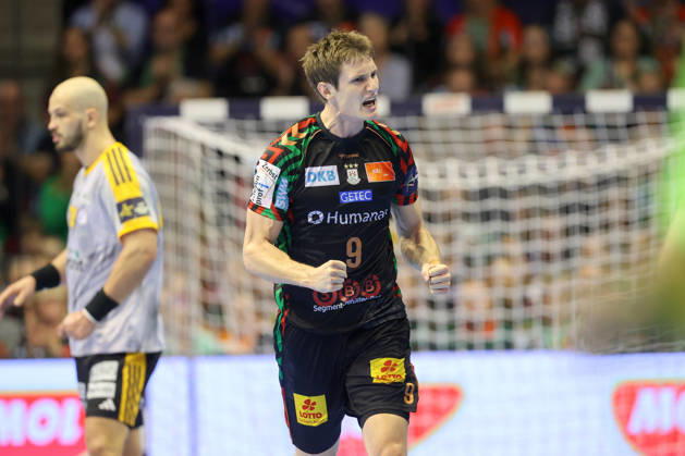 14.10.2026, xtgx, Handball Champions Legaue, SC Magdeburg - Industria Kielce emspor, v.l. Oskar Vind Rasmussen (Magdeburg, 9) Jubel, Torjubel, jubelt ueber das Tor, celebrate the goal, celebration Magdeburg