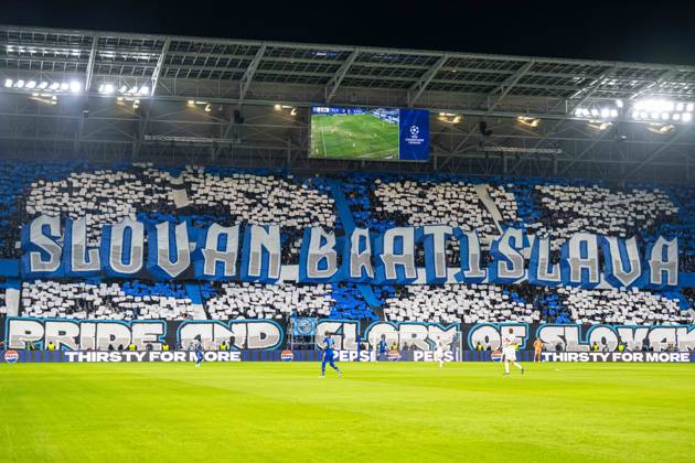 SK Slovan Bratislava fans choreo during UEFA Champions league match , SK Slovan Bratislava - VFB Stuttgart , 14. october 2026, Tehelne pole Stadium, Bratislava, Slovakia Copyright: xMICHALxFAJT,ZOSPORTU.SKx MAR_6783