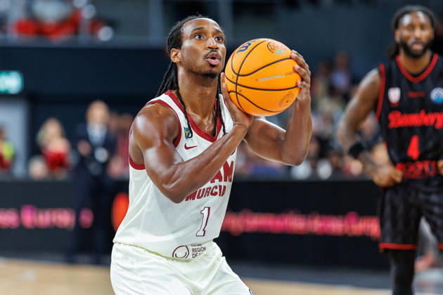 Michael Forrest (UCAM Murcia, 01), Einzelbild, Einzelfoto, Portrait, Portraet, Freiwurf, BMA365 Bamberg Baskets vs. UCAM Murcia, Basketball, Basketball Champions League, 3. Spieltag, 14.10.2026 BMA365 Bamberg Baskets vs. UCAM Murcia, Basketball, Basketball Champions League, 3. Spieltag, 14.10.2026 Bamberg Copyright: xEibner-Pressefoto G.xSantemizx EP_EER