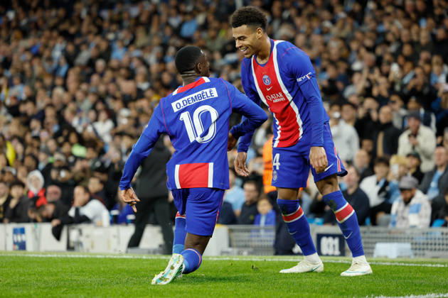 Manchester City v Paris Saint-Germain - UEFA Champions League 2026 27 League Phase MD2 Ousmane Dembele and Desire Doue of Paris Saint-Germain celebrate 2nd goal during the UEFA Champions League 2026 27 League Phase MD2 match between Manchester City and Paris Saint-Germain at City of Manchester Stadium on October 14, 2026 in Manchester, England. Manchester City of Manchester Stadium England United Kingdom Copyright: xAllstarxPicturexLibraryxLtdx