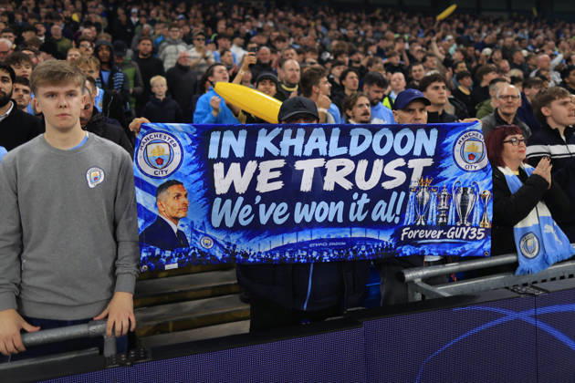 Manchester City v Paris Saint-Germain 14th October 2026 - UEFA Champions League - League Phase - Manchester City v Paris Saint-Germain - A Manchester City fan holds up a banner in support of the club chairman Khaldoon Al Mubarak - Photo: Simon Stacpoole Offside. Manchester UK Copyright: xSimonxStacpoolexOffside
