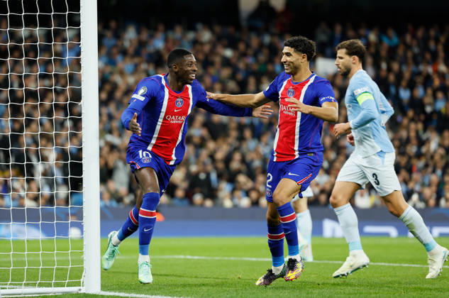 Manchester City v Paris Saint-Germain - UEFA Champions League 2026 27 League Phase MD2 Ousmane Dembele and Achraf Hakimi of Paris Saint-Germain celebrate 2nd goal during the UEFA Champions League 2026 27 League Phase MD2 match between Manchester City and Paris Saint-Germain at City of Manchester Stadium on October 14, 2026 in Manchester, England. Manchester City of Manchester Stadium England United Kingdom Copyright: xAllstarxPicturexLibraryxLtdx