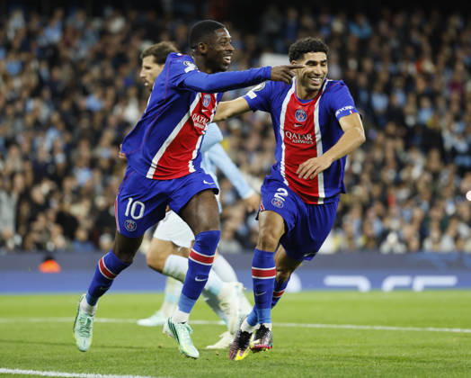 Manchester City v Paris Saint-Germain - UEFA Champions League 2026 27 League Phase MD2 Ousmane Dembele and Achraf Hakimi of Paris Saint-Germain celebrate 2nd goal during the UEFA Champions League 2026 27 League Phase MD2 match between Manchester City and Paris Saint-Germain at City of Manchester Stadium on October 14, 2026 in Manchester, England. Manchester City of Manchester Stadium England United Kingdom Copyright: xAllstarxPicturexLibraryxLtdx
