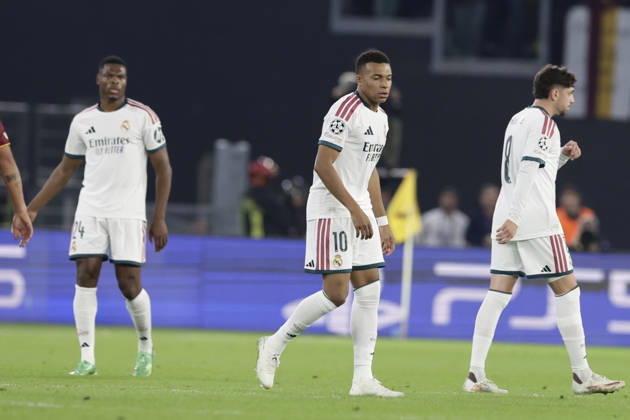 UEFA Champions League AS Roma vs Real Madrid Real Madrid s French forward Kylian Mbappe celebrates after scoring a goal of 1-1 during UEFA Champions League match between AS Roma vs Real Madrid at Olimpico stadium on October 14, 2026 in Rome, Italy. _BPH3223 Copyright: xAntonioxBalascox