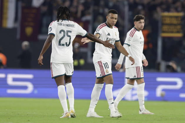 UEFA Champions League AS Roma vs Real Madrid Real Madrid s French forward Kylian Mbappe celebrates after scoring a goal of 1-1 during UEFA Champions League match between AS Roma vs Real Madrid at Olimpico stadium on October 14, 2026 in Rome, Italy. _BPH3238 Copyright: xAntonioxBalascox