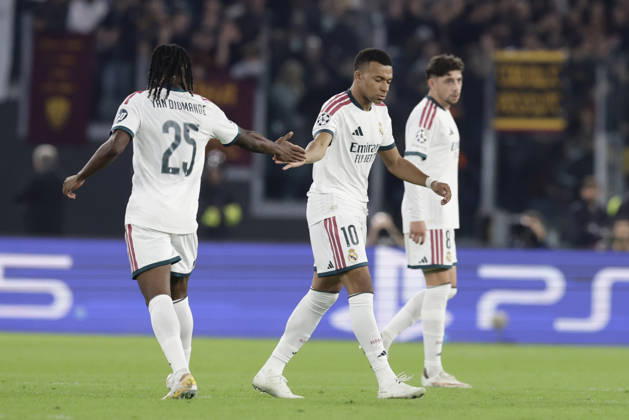 UEFA Champions League AS Roma vs Real Madrid Real Madrid s French forward Kylian Mbappe celebrates after scoring a goal of 1-1 during UEFA Champions League match between AS Roma vs Real Madrid at Olimpico stadium on October 14, 2026 in Rome, Italy. _BPH3242 Copyright: xAntonioxBalascox