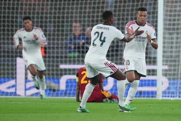 Real Madrid s Kylian Mbappe celebrates after scoring during the UEFA Champions League Phase - Matchday 2 soccer match between AS Roma and Real Madrid at the Rome s Olympic stadium, Italy - Wednesday October 14, 2026 - Soccer ( Photo by Alfredo Falcone LaPresse )  Copyright: xAlfredoxFalcone LaPressex