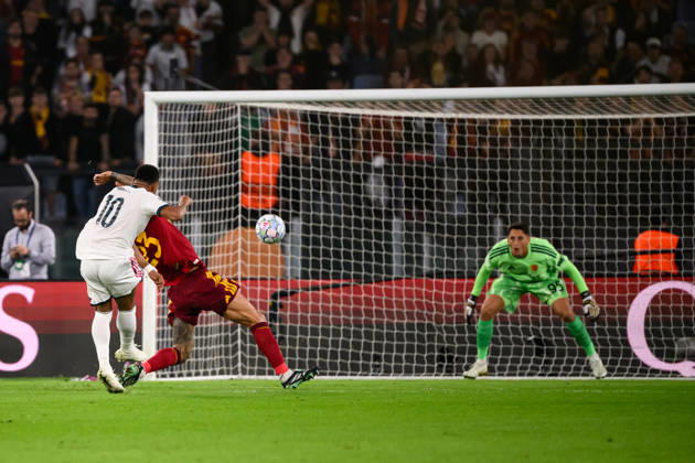 Kylian Mbappe of Real Madrid scores the goal of 1-1 during the UEFA Champions League 2026 2027 football match between AS Roma and Real Madrid at Stadio Olimpico in Rome (Italy), October 14, 2026. AndreaxStaccioli