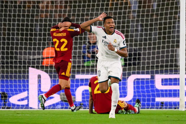 Kylian Mbappe of Real Madrid celebrates after scoring the goal of 1-1 during the UEFA Champions League 2026 2027 football match between AS Roma and Real Madrid at Stadio Olimpico in Rome (Italy), October 14, 2026. AndreaxStaccioli