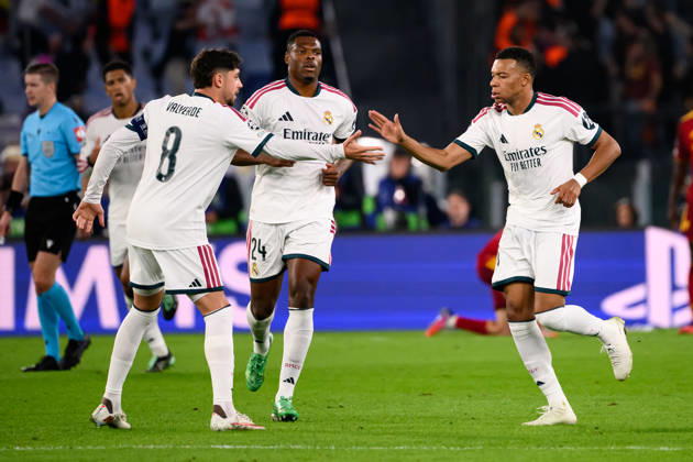 Kylian Mbappe of Real Madrid celebrates with team mates after scoring the goal of 1-1 during the UEFA Champions League 2026 2027 football match between AS Roma and Real Madrid at Stadio Olimpico in Rome (Italy), October 14, 2026. AndreaxStaccioli