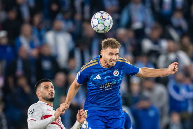 Peter Pokorny header during UEFA Champions league match , SK Slovan Bratislava - VFB Stuttgart , 14. october 2026, Tehelne pole Stadium, Bratislava, Slovakia Copyright: xMICHALxFAJT,ZOSPORTU.SKx MAJ_1231