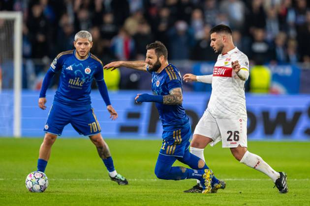 Tigran Barseghyn in a battle for the ball with Deniz Undav during UEFA Champions league match , SK Slovan Bratislava - VFB Stuttgart , 14. october 2026, Tehelne pole Stadium, Bratislava, Slovakia Copyright: xMICHALxFAJT,ZOSPORTU.SKx MAJ_1243