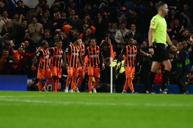 LONDON, ENGLAND - OCTOBER 14: Pedrinho of FC Shakhtar Donetsk celebrates with his team mates after scoring their first goal from the penalty spot during the UEFA Champions League 2026 27 League Phase MD2 match between FC Shakhtar Donetsk and AEK Athens at Stamford Bridge on October 14, 2026 in London, England. (Photo by Yaroslav Dunka Sports Press Photo) Copyright: xYaroslavxDunkax xSPPx Sportspressphoto_SPR255853