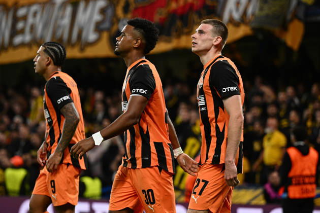 LONDON, ENGLAND - OCTOBER 14: Vinicius Tobias of Shakhtar Donetsk celebrates their second goal with his team mates during the UEFA Champions League 2026 27 League Phase MD2 match between FC Shakhtar Donetsk and AEK Athens at Stamford Bridge on October 14, 2026 in London, England. (Photo by Yaroslav Dunka Sports Press Photo) Copyright: xYaroslavxDunkax xSPPx Sportspressphoto_SPR255972