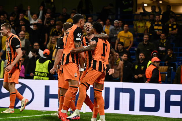 LONDON, ENGLAND - OCTOBER 14: Vinicius Tobias of Shakhtar Donetsk celebrates their second goal with his team mates during the UEFA Champions League 2026 27 League Phase MD2 match between FC Shakhtar Donetsk and AEK Athens at Stamford Bridge on October 14, 2026 in London, England. (Photo by Yaroslav Dunka Sports Press Photo) Copyright: xYaroslavxDunkax xSPPx Sportspressphoto_SPR255979