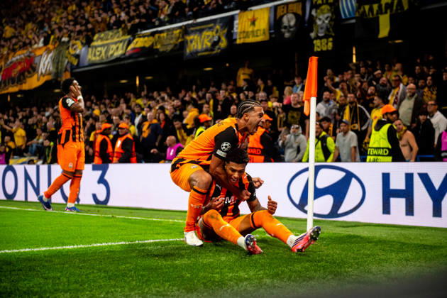 Kaua Elias Vinicius Tobias goal celebration seen during UEFA Champions League 2026 2027 league phase game between teams of FC Shakhtar Donetsk and AEK Athens FC (Jacek Prondzynski Ball Raw Images) London England, United Kingdom, London Great Britain Copyright: xJacekxProndzynskix jacekprondzynski_ShakhtarAEK131026_2627_0006