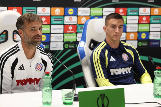 Croatia, Split, 14.10.2026. Poljud Stadium. HNK Hajduk press conference, PK, Pressekonferenz ahead of tomorrow s UEFA Conference League Matchday 1 game against Ajax. In the photo: Coach Gonzalo Garcia, Michele Sego. Photo: Sasa Buric CROPIX Split Copyright: xxSasaxBuricx hajduk_press10-141026