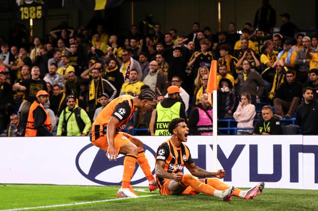 Shakhtar Donetsk v AEK Athens 14 October 2026, London - UEFA Champions League - Shakhtar Donetsk v AEK Athens - Vinicius Tobias of Shakhtar Donetsk celebrates their second goal with his team mates - Photo: Jacques Feeney Offside. London UK Copyright: xJacquesxFeeneyx xOffsidexOffside