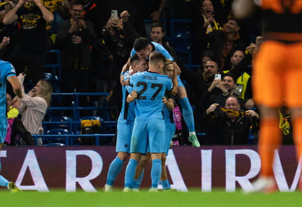 Milan Vitalis, Lovro Majer of AEK Athens players celebrate after scoring the opening goal during UEFA Champions League - League Phase - Matchday 2 season 26 27 game between Shakhtar Donetsk and AEK Athens (Ruslan Taran Ball Raw Images) London Stamford Bridge United Kingdom Copyright: xRuslanxTaranx RUSLAN_SHAvAEK_20261014_212829__IMG0904.ARW_0037